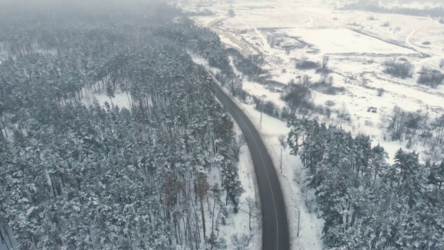 航拍的沥青公路在冬天的景观在雾天冰冻森林在雪，无人机拍摄视频素材