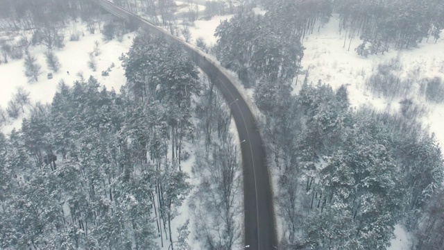 航拍的沥青公路在冬天的景观在雾天冰冻森林在雪，无人机拍摄视频素材