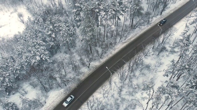 航拍的沥青公路在冬天的景观在雾天冰冻森林在雪，无人机拍摄视频素材