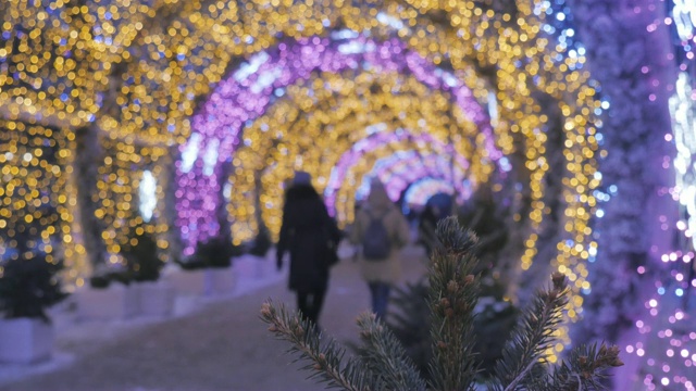 城市街道上节日花环的灯光。新年的主题。人们散步，享受节日的气氛。视频素材