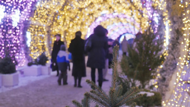 城市街道上节日花环的灯光。新年的主题。人们散步，享受节日的气氛。视频素材