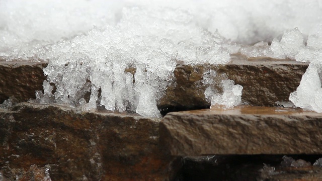 融化的雪在天然石头上。瀑布,冰,水。你好,春天。有选择性的重点。视频素材