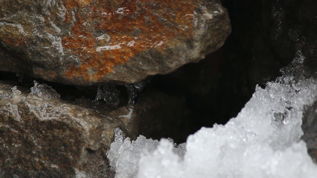 融化的雪在天然石头上。瀑布,冰,水。你好,春天。有选择性的重点。视频素材