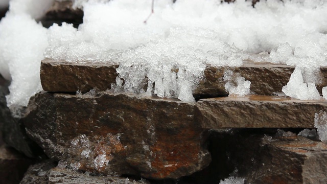 融化的雪在天然石头上。瀑布,冰,水。你好,春天。有选择性的重点。视频素材