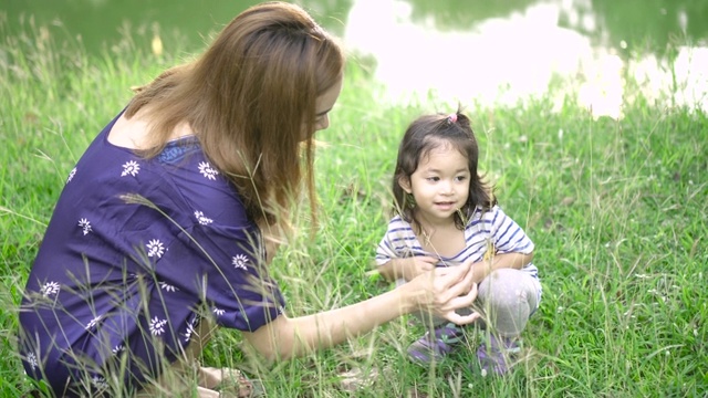 妈妈和女儿在公园里与大自然一起玩耍视频素材