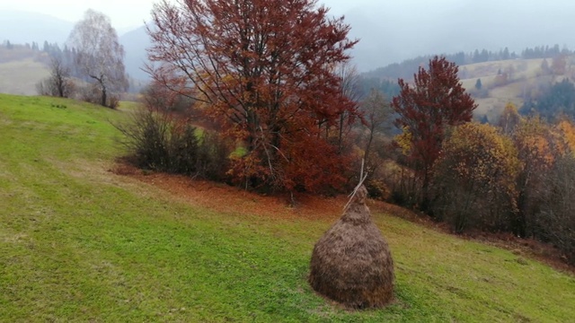 无人机镜头视图:飞行周围的干草在秋天的山区。喀尔巴阡山脉，乌克兰，欧洲。雄伟的景观。视频素材