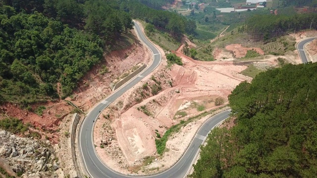 无人机鸟瞰图森林中弯曲的道路视频素材