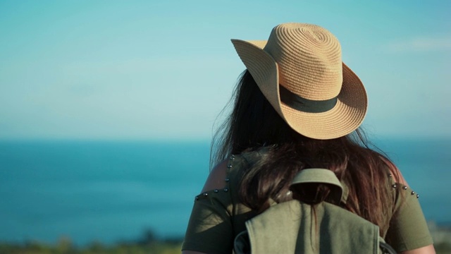 微笑成功的背包女赞赏惊人的山峰上的海景视频素材