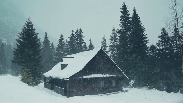 冬天的时候，客人的木屋建在森林中的山上。视频素材