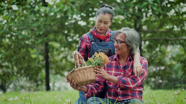 快乐的亚洲成熟夫妇放松和花时间一起在公园户外视频素材