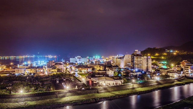 时间流逝-夜晚的海港小镇- 4K视频素材