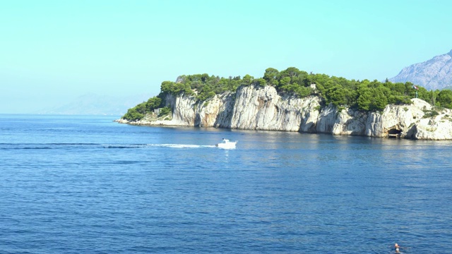 克罗地亚地中海沿岸，透过绿色云杉的海景视频素材