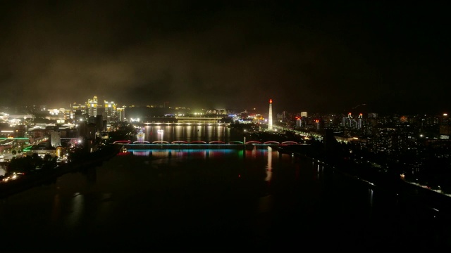 朝鲜平壤的夜空。大同江上游船的日落全景。视频素材