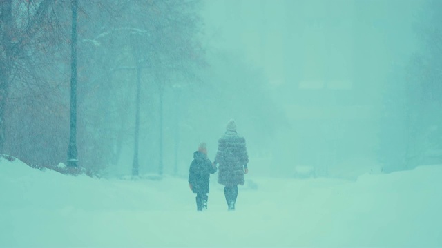 在大雪中，一位妇女带着孩子在路上走。他们穿着毛皮大衣和靴子。后视图。视频素材