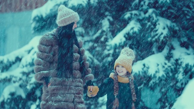 快乐的妈妈和女儿一起去下雪。他们正在微笑。雪躺在冷杉树枝上。视频素材