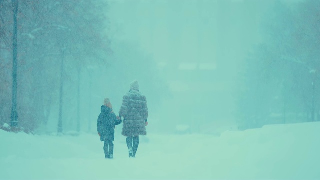 女孩和她的妈妈走在去大雪的路上。母亲和女儿在冬天散步。后视图。视频素材