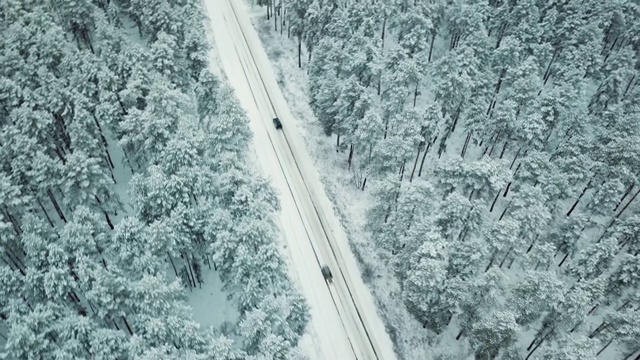 无人机在树林里的雪地上跟着汽车视频素材