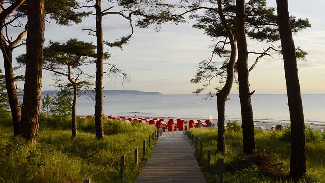 通往海滩的道路，Ostseebad Binz(海滨度假胜地)的背景是波罗的海。宾茨，波罗的海，Rügen岛，梅克伦堡- vorpommern，德国。视频素材