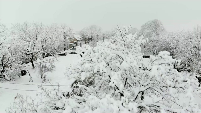 用无人机4K航拍被雪覆盖的村庄。白色多云的冬季天气视频下载