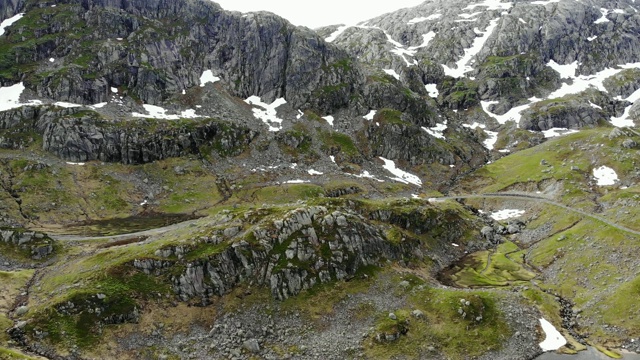 鸟瞰图。挪威山区的道路和湖泊视频素材