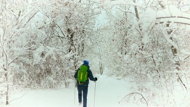 年轻旅行者的后视图行走在孤独的雪山。视频素材