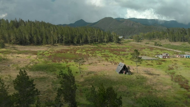 天线:草地上的野生植物和风景优美的废墟小屋旁边的其他废墟视频素材