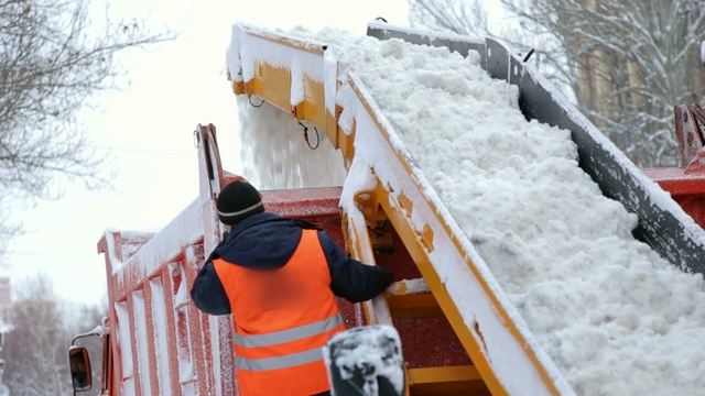 工人和专门的除雪设备清除街道上的积雪。视频素材