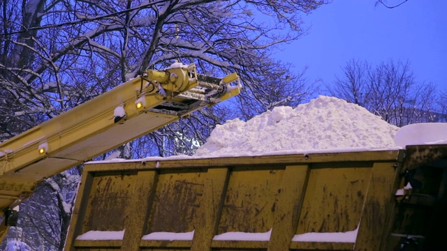 特写专用扫雪机将雪卸载到卡车上。雪在户外犁。视频素材