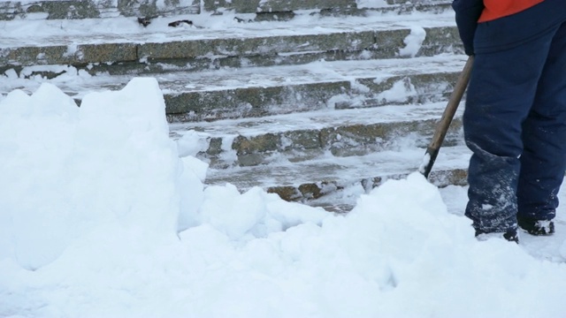 工人在冬天清扫道路上的积雪，清理道路免受暴风雪。视频素材