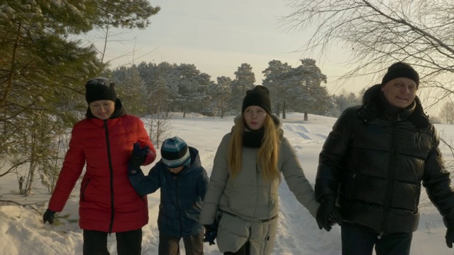 在阳光明媚的冬日里，友好的一家人在白雪覆盖的森林里散步。冬天的活动视频素材