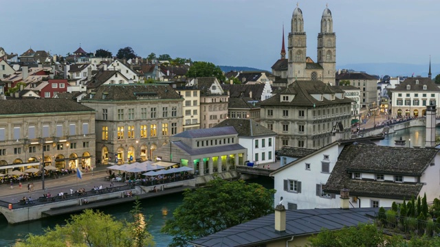 苏黎世天际线Grossmünster，延时视频素材