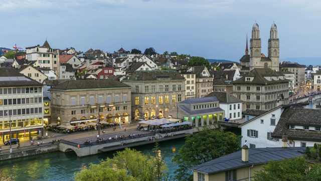 苏黎世天际线Grossmünster，延时视频素材