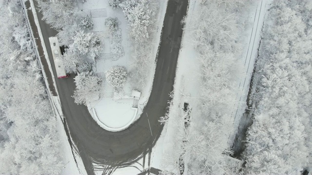 鸟瞰图转向公路在山区冬季积雪覆盖森林视频素材