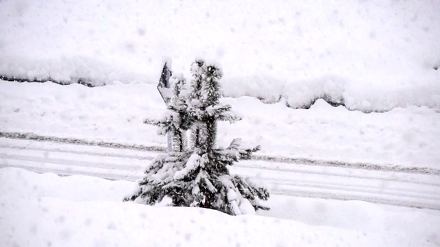 在雪地里开车。冬天的路。雪落。路上下着大雪。视频素材