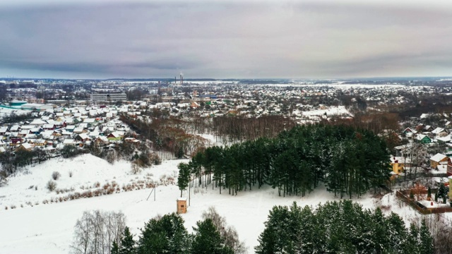 鸟瞰冰雪公园。冬天的松树和无叶的树木。大城市里的冰雪公园。鸟瞰图视频素材