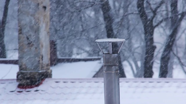 冬天下雪时烟囱冒烟。视频素材