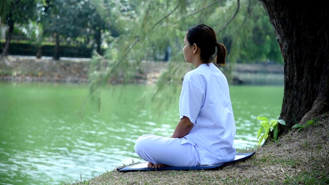 坐在湖边公园草地上的女人。平静和冥想的概念。视频素材