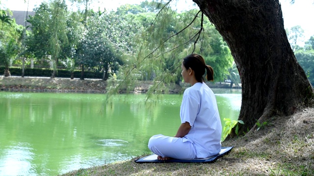 坐在湖边公园草地上的女人。平静和冥想的概念。视频素材