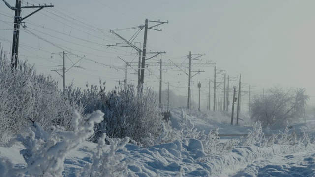 铁路在冬天，树枝上覆盖着霜雪，雪花飘落视频素材