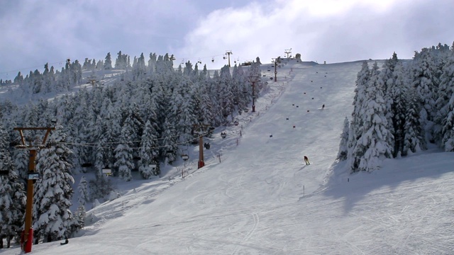 冬季滑雪场，滑雪缆车，人们滑雪。乌鲁达格山，布尔萨，土耳其视频素材