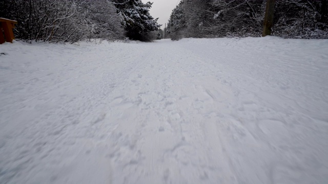 走在雪道上穿过冬天的森林视频素材