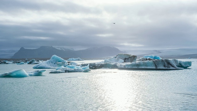 从冰岛钻石海滩上看到的冰山漂浮在Jokulsarlon冰川泻湖上视频素材