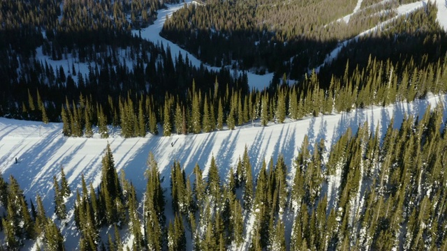 滑雪在施韦策山爱达荷-空中视角阳光明媚的陡峭雪坡视频素材