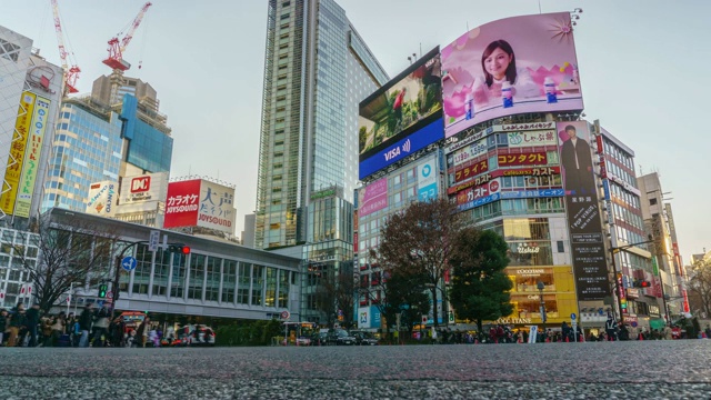 4K T/L WS低角度视图。在日本东京，行人穿过涩谷十字路口。视频素材