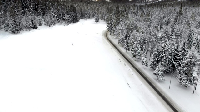 在冬季风景的一个越野滑雪者的无人机视图视频下载