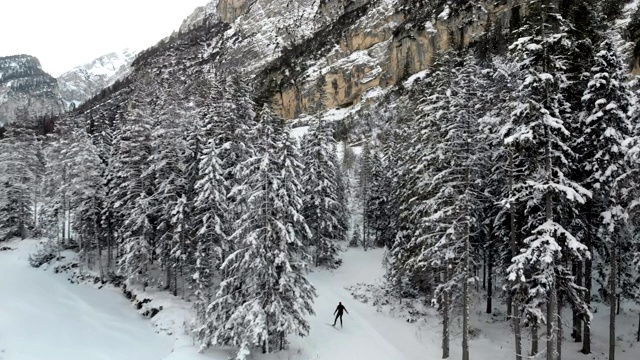 在冬季风景的一个越野滑雪者的无人机视图视频下载