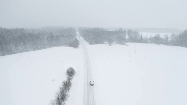 从道路鸟瞰图看，雪下得很大视频素材