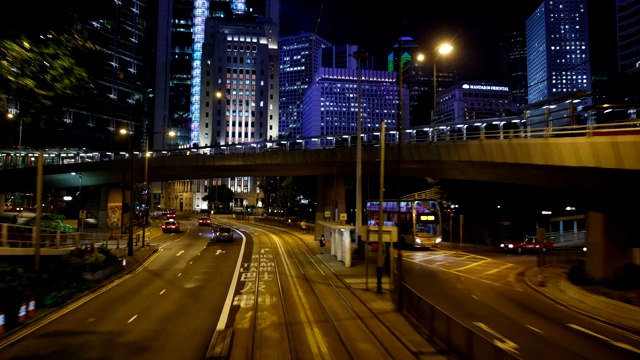 香港、电车街及城市大厦、夜景视频素材