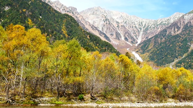 位于日本长野县阿尔卑斯山北部的阿祖萨有一条河流流经，以山脉为背景，以旅游和自然为概念。视频素材