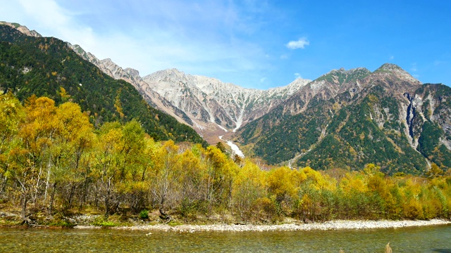 位于日本长野县阿尔卑斯山北部的阿祖萨有一条河流流经，以山脉为背景，以旅游和自然为概念。视频素材